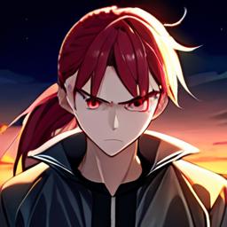 An anime character with a red ponytail, red eyes, and in front of some angry background of some kind.