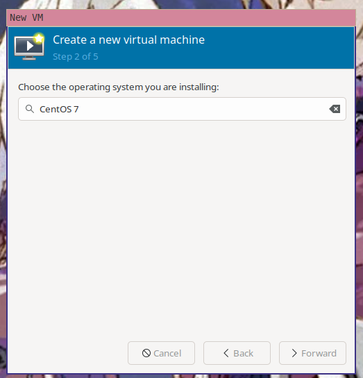 The second step of the "create a new virtual machine" wizard in virt-manager with "CentOS 7" selected as the OS the virtual machine will be running