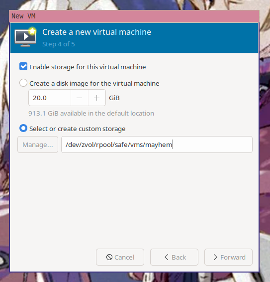 The fourth step of the "create a new virtual machine" wizard in virt-manager with /dev/zvol/rpool/safe/vms/mayhem selected as the path to the disk