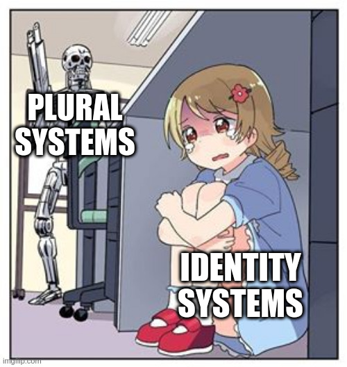 A "terminator chases hiding terrified anime girl" meme with the terminator labeled "Plural Systems" and the terrified anime girl labeled "Identity Systems"