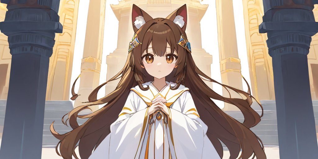 An image of flat colors, ligne claire, 1girl, brown hair, brown eyes, sumeria, temple, white robe, cat ears, full body, long hair, hime, masterpiece, best quality, high quality, solo, best eyes, pupils