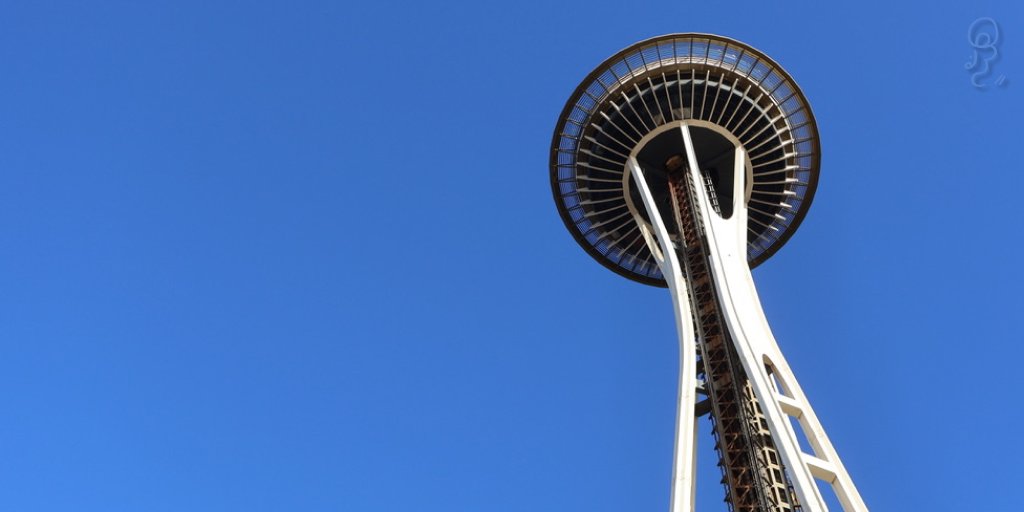 An image of A photo of the Space Needle in Seattle, Washington with an abnormally blue sky in the background.