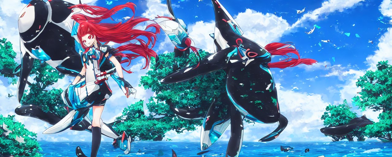 An image of cloud sea, xenoblade chronicles 2, azurda, blue sky, giant tree, orca, 1girl, red hair, katana