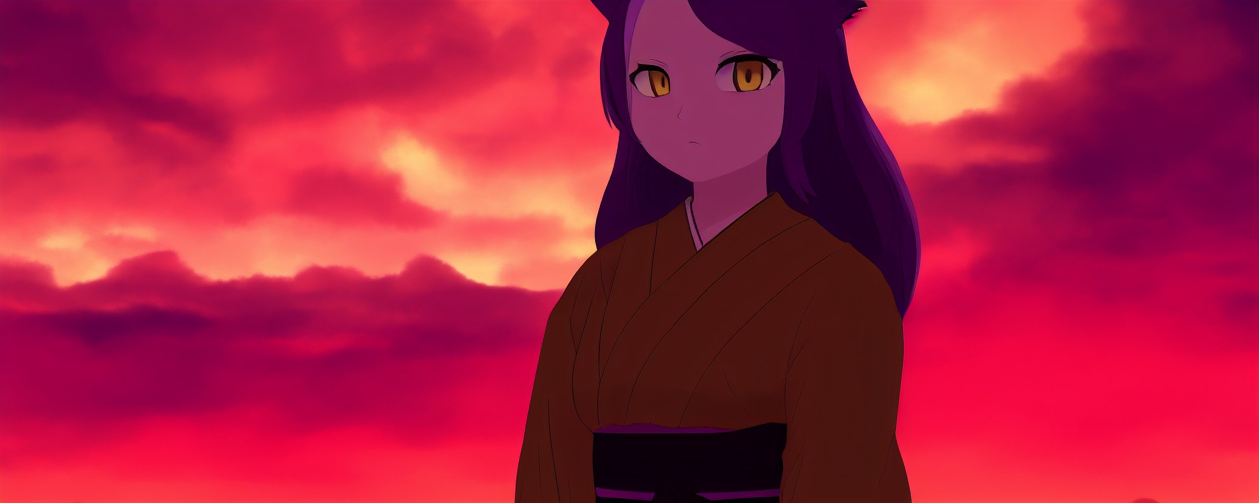 An image of 1girl, kimono, animal crossing, klaxon, loud noises, overwhelming, red sky, clouds, storms, long hair, purple hair, yellow eyes, fox ears, thick outlines, ink outlines, black outlines