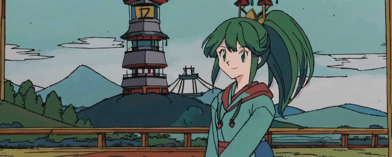 An image of A green haired 90's style anime woman in a kimono is standing in front of a pagoda. The art style looks like a tarot card.