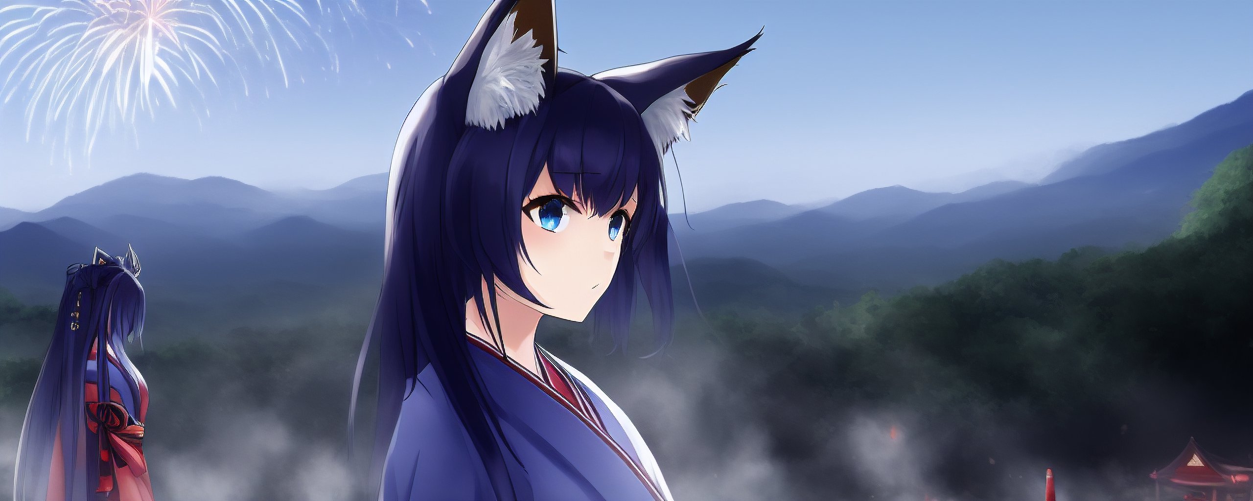 An image of 1girl, fox ears, dark blue hair, blue eyes, kimono, festival, landscape, makoto shinrai, arknights, fireworks, pagodas, onsen, long hair, princess, -hands, -amputee