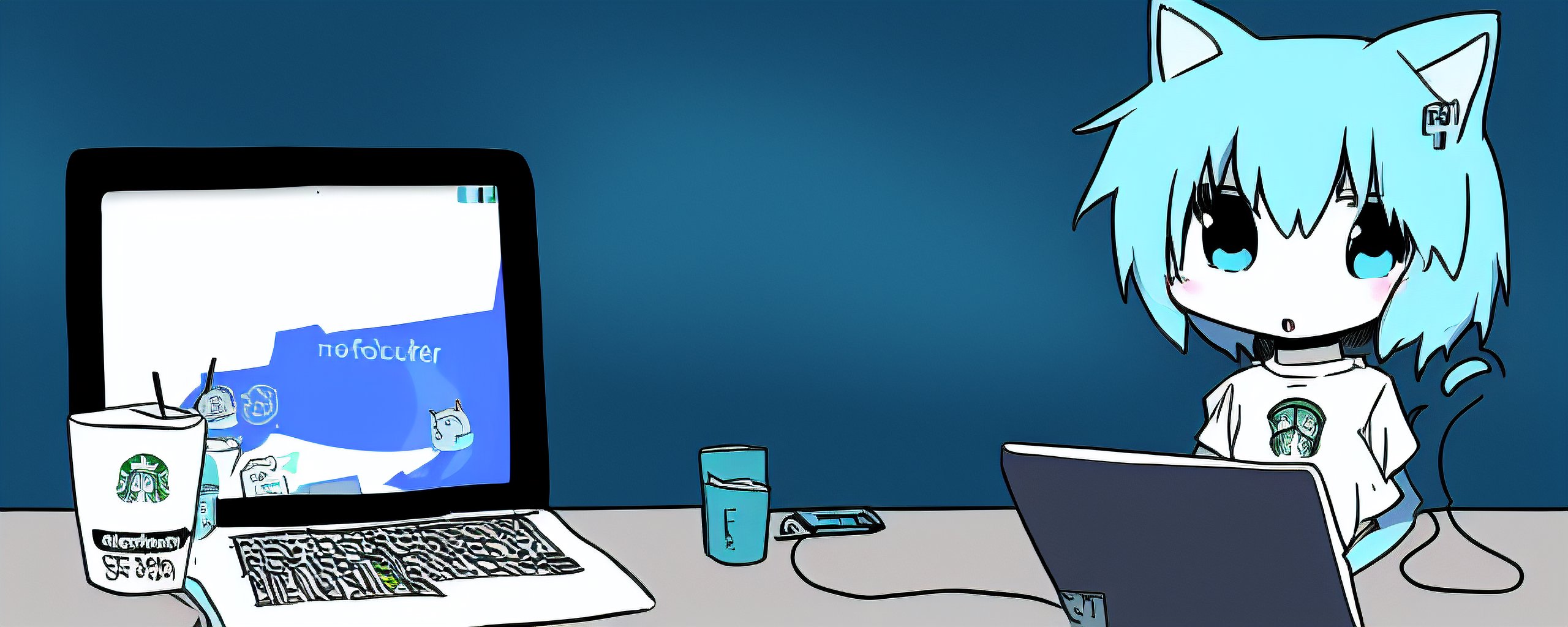 An image of Baby blue gopher, laptop computer, starbucks, 1girl, hacker vibes, manga, thick outlines, evangelion, angel attack, chibi, cat ears