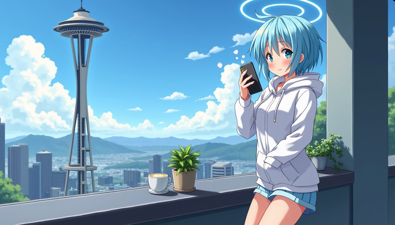 An image of A light-blue haired anime woman with a pixie cut in a white hoodie and short skirt drinking coffee in Seattle, space needle, smartphone, chat bubbles, blue halo