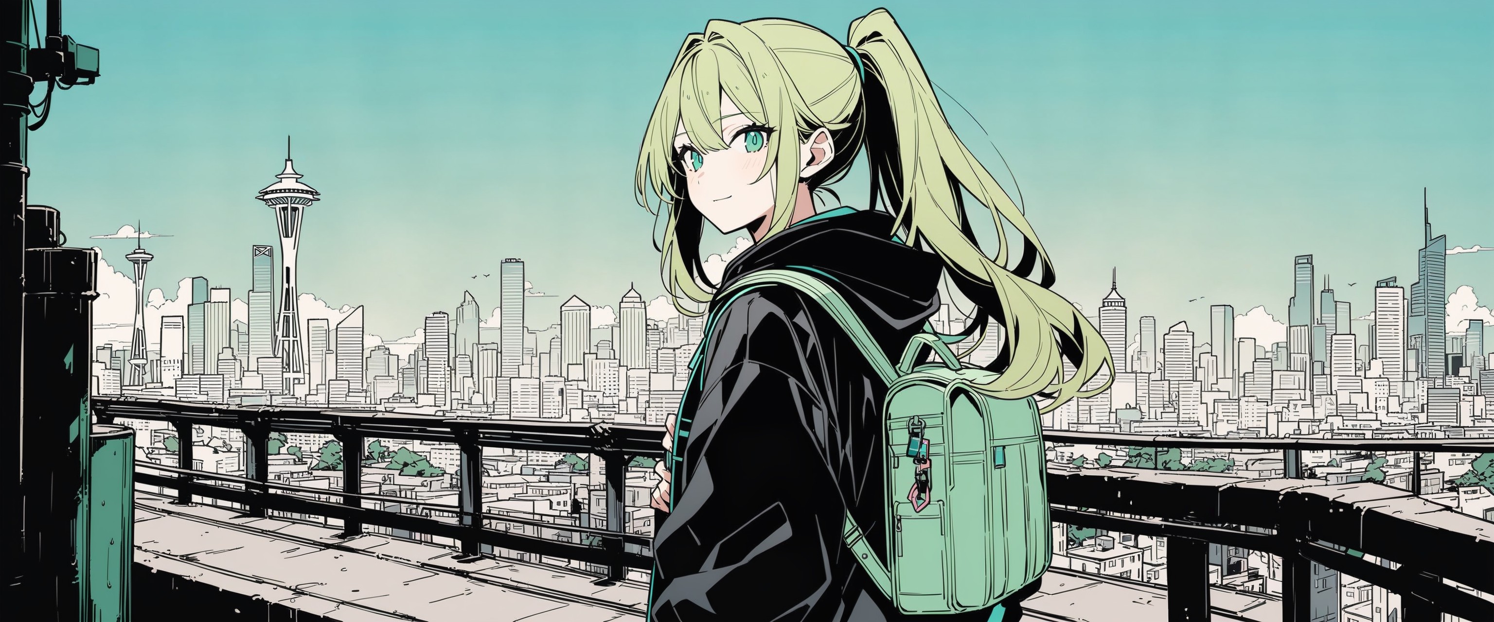 An image of A cartoon stylized flat color rendition of a green-haired anime woman with a high ponytail standing in front of the Seattle skyline, but there are two Space Needles, presumably because there was another world's fair in Seattle