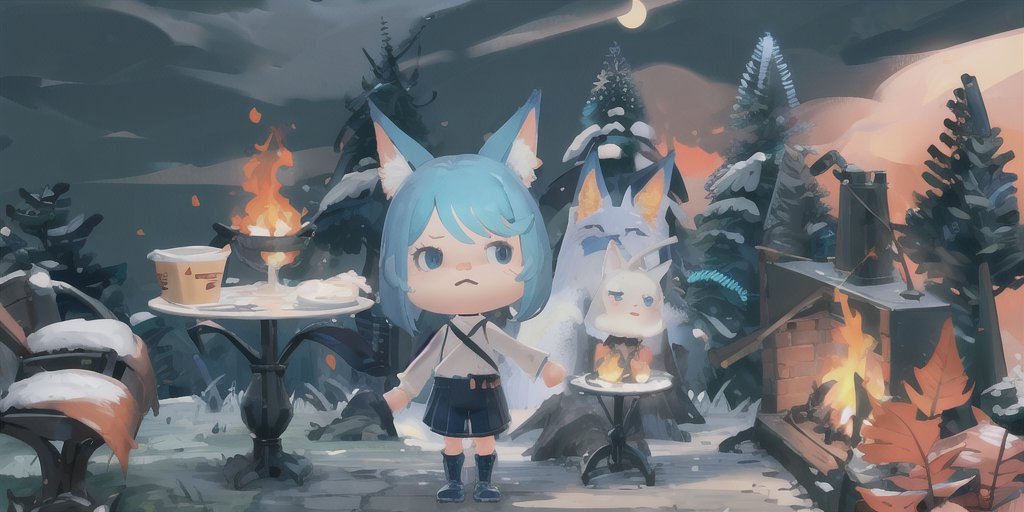 An image of A blue-haired foxgirl stands in front of a campfire while camping in winter, with snow covering the tips of the trees.