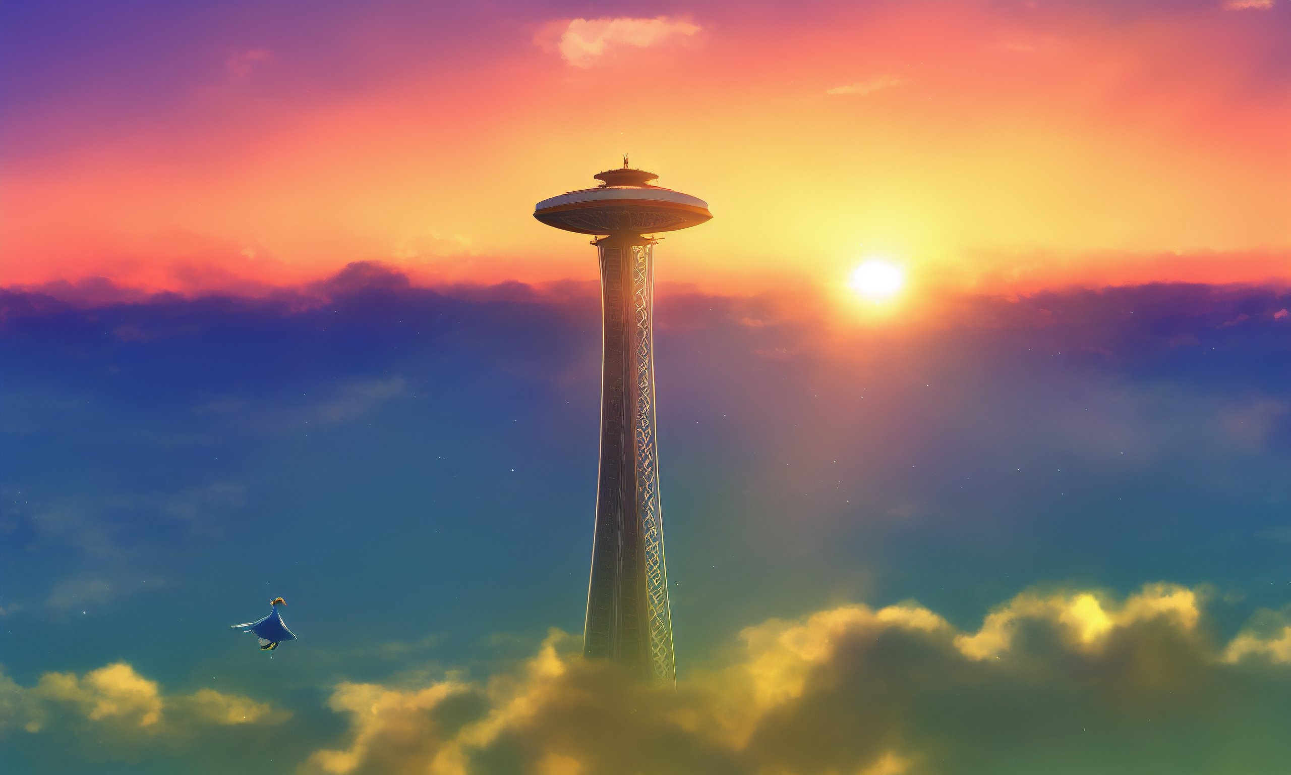 An image of light blue bird, sunset, crying, landscape, anime style, space needle, clouds, sun, genshin impact, teyvat, breath of the wild, hyrule