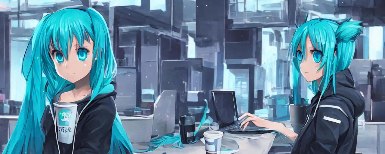 An image of hacker hoodie 1girl Ethereum blockchain hatsune_miku twintails blue_hair laptop coffee starbucks blue_eyes anime waifu super hacker very cute