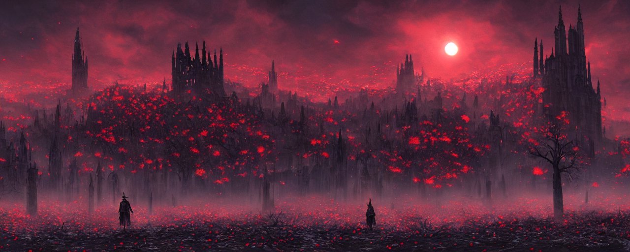 An image of populated bloodborne old valley with a obscure person at the centre and a ruined gothic city in the background, trees and stars in the background, falling red petals, epic red - orange moonlight, perfect lightning, wallpaper illustration by niko delort and kentaro miura, 4k