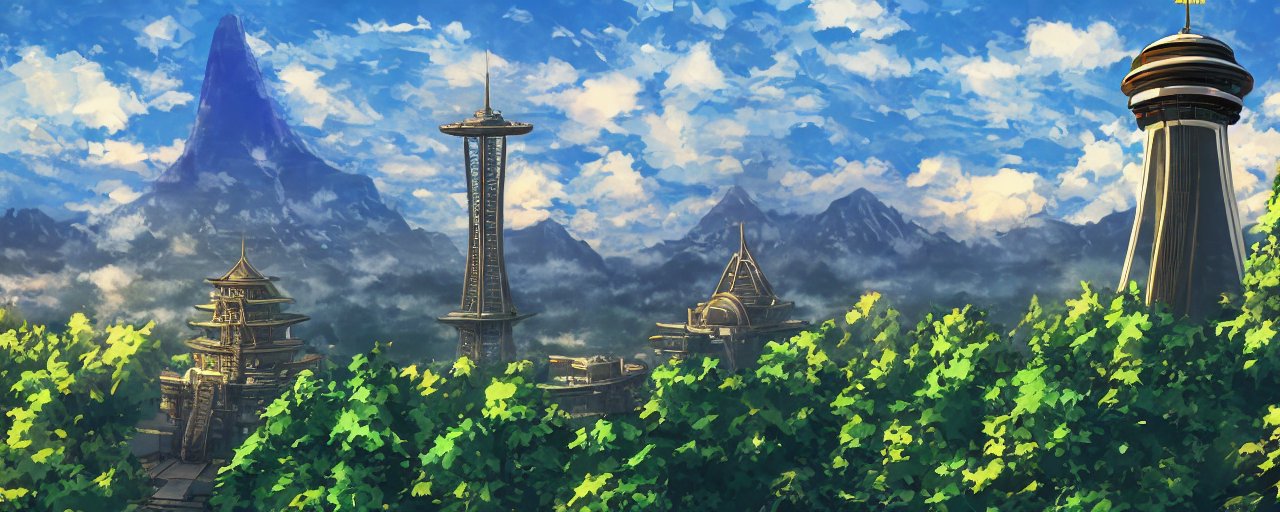 An image of  the legend of zelda breath of the wild, mountain, mid-day, studio ghibli, space needle, river, guardian turret