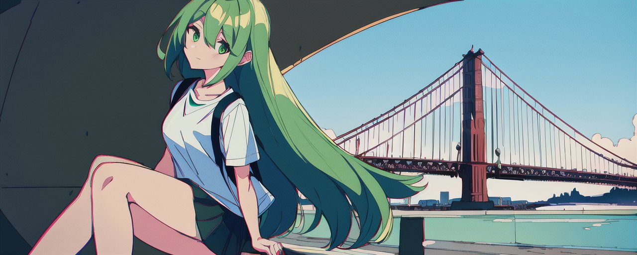 An image of 1girl, green hair, green eyes, tshirt, skirt, sneakers, san francisco, bridge, ahoge, round eyes, long hair, chromatic abberation