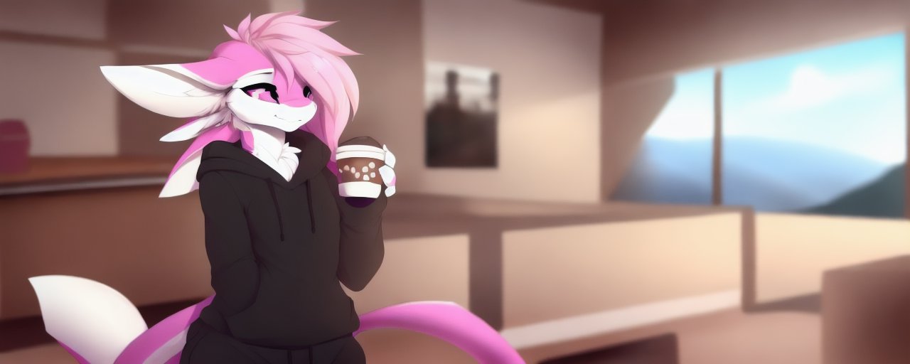 An image of A pink haired avali wearing a sweater and sweatpants drinking coffee indoors.