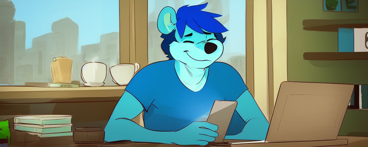An image of rodent, gopher, blue fur, blue hair, blue skin, calarts, solo, male, laptop, coffee shop, detailed background, anthro, coffee mug, happy, black nose, best quality, highly detailed, eyes closed