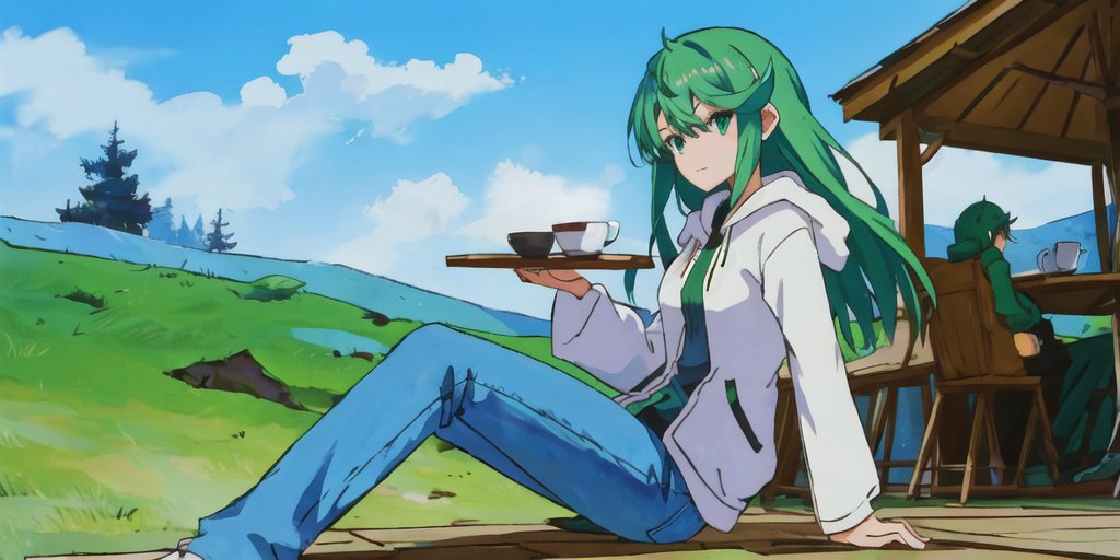 An image of a green-haired anime woman holding a few coffee cups on a tray in front of an idyllic early fall landscape
