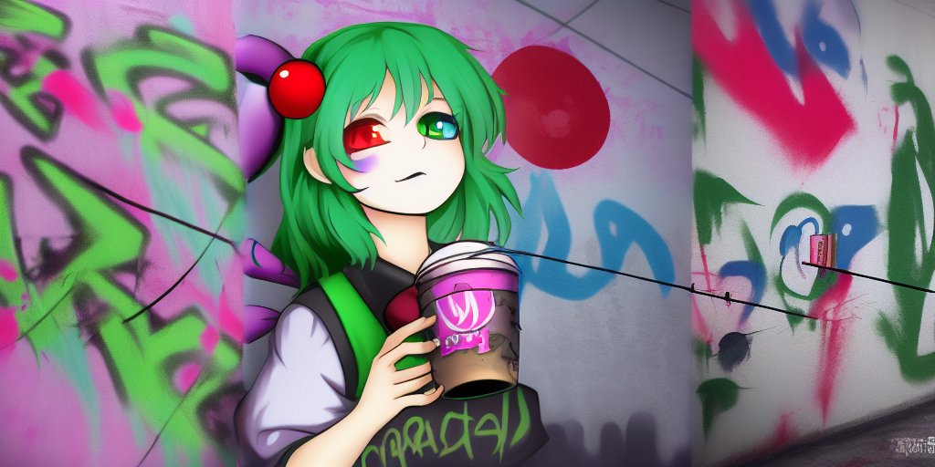An image of jester, spraypaint, graffiti, unlocked, security, 1girl, Taco Bell, touhou, bubble tea, green hair, red eyes, heterochromia, angel wings, kanji inscription