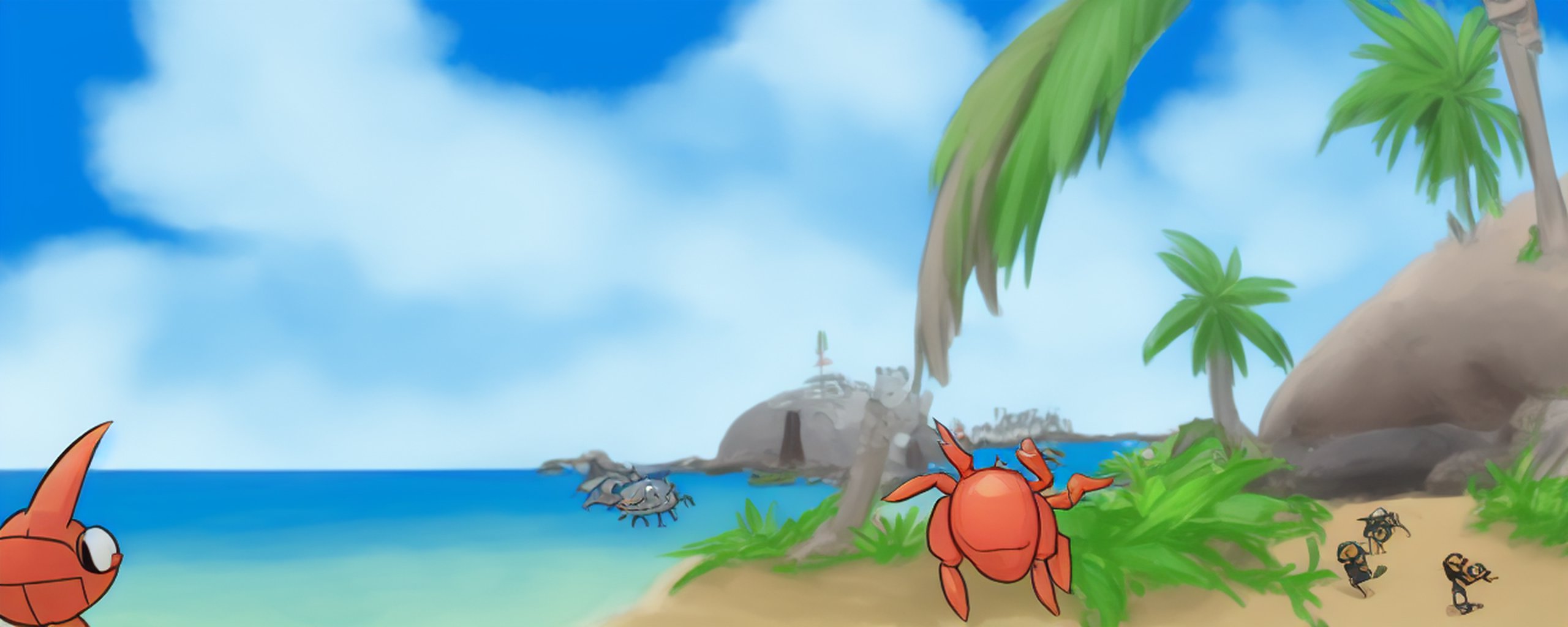 An image of crabs, invasion, beach, palm trees, green hill zone, studio ghibli, xenoblade chronicles 2, pokemon, ken sugimori, thick outlines, ink