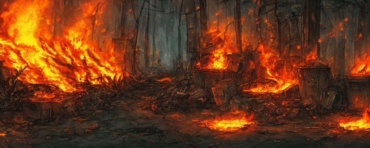 An image of studio ghibli, cyberpunk, trash can, fire, forest fire, forest, lots of fire