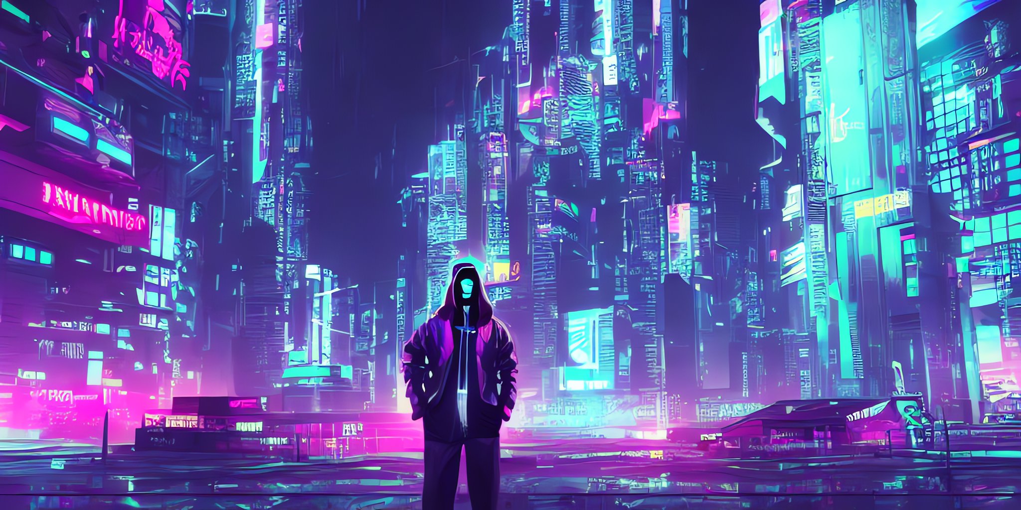 An image of Cyberpunk cyber hacker in the neon city at midnight
