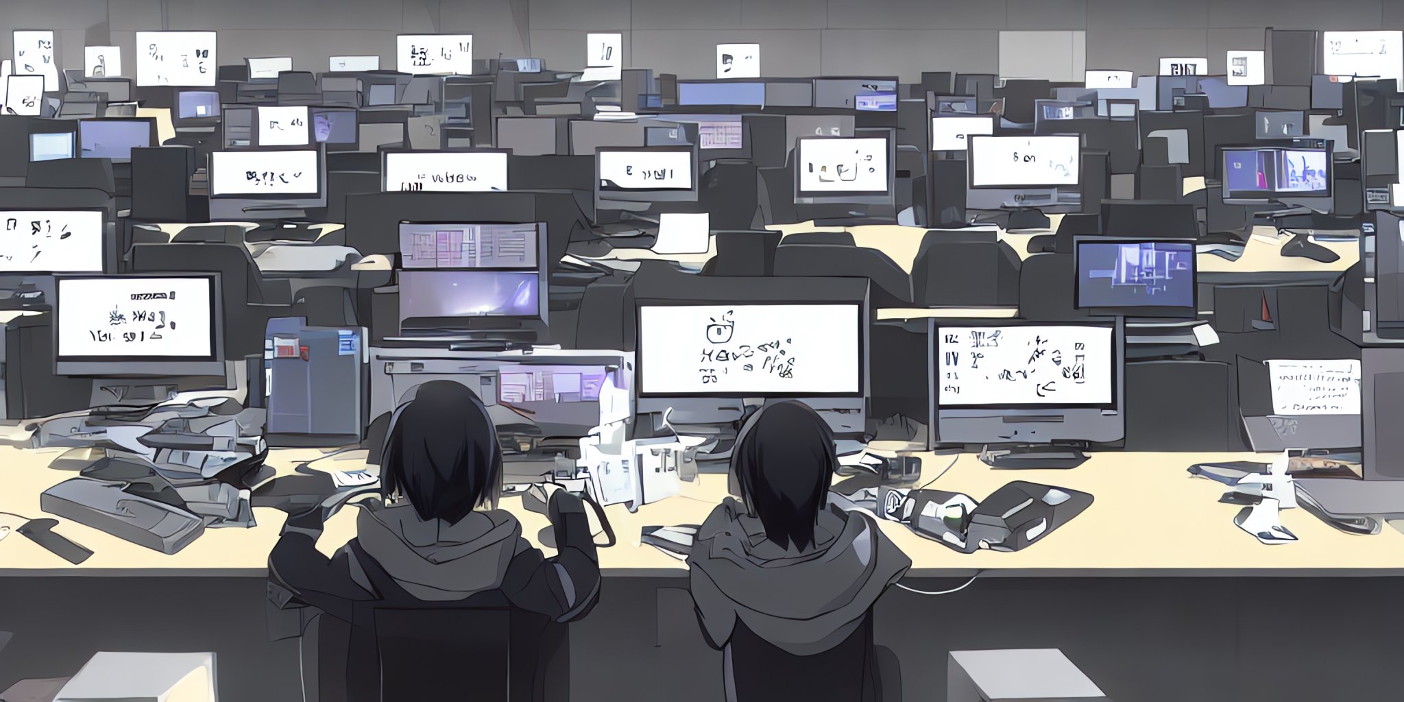 An image of an evil hacker at a laptop hacking into the pentagon, anime style, hacker den, monitors everywhere, serial experiments lain, evangelion