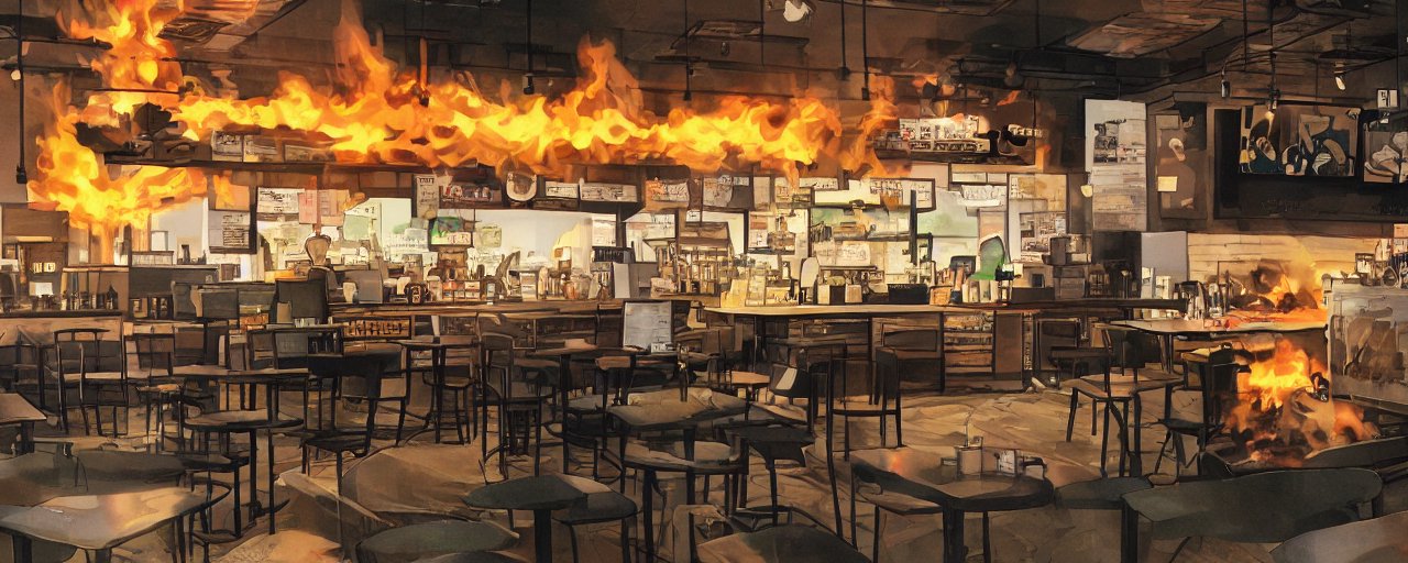 An image of starbucks, coffee shop, lo-fi hip hop, cozy, on fire, fire, burning, fire everywhere, absurd res
