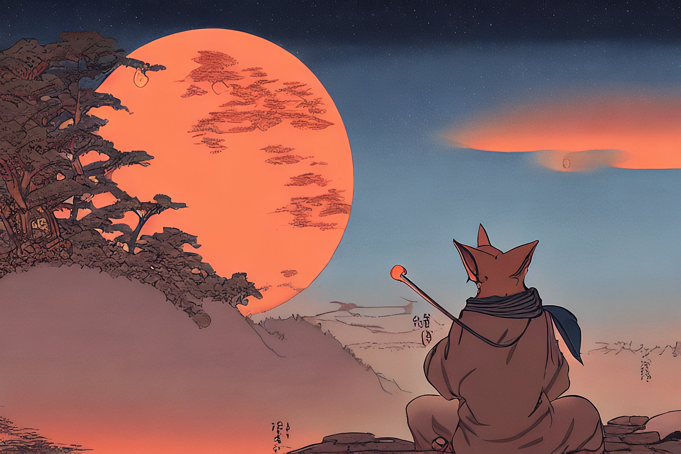 An image of a sad tabaxi mage looks hopelessly at the sky, ukiyo-e, anime style, digital art, trending on artstation, 8k uhd, unreal engine, sunset, red sun, fire in the distance