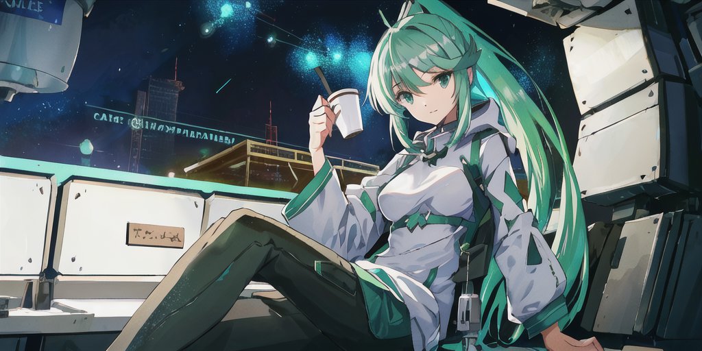 An image of A green-haired anime woman with cyberpunk style clothing drinking coffee in a cyberpunk space station