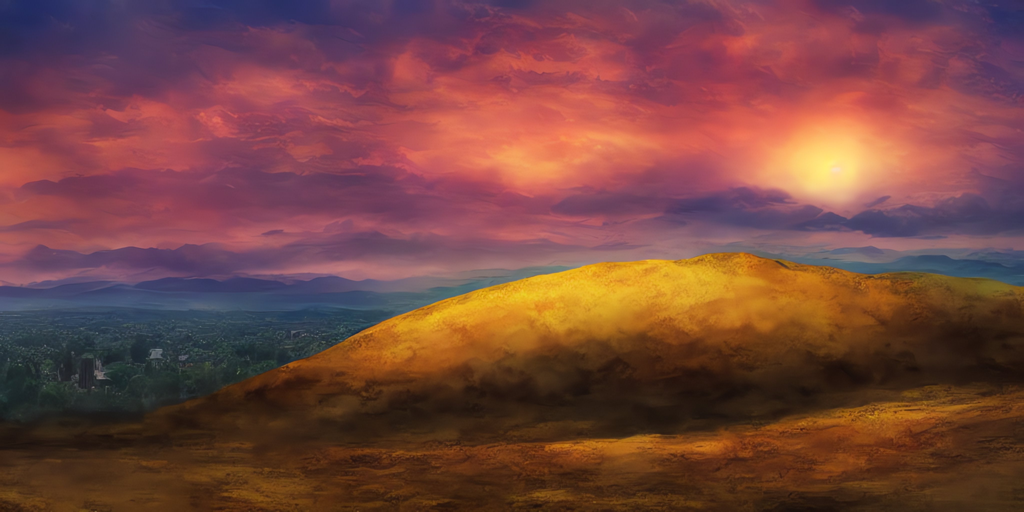 An image of a golden hill in front of a sunset, forgiveness, color tinted skies, matte painting