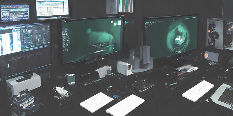 Image generated by Waifu Diffusion v1.2 -- アニメ, hacker's battlestation, desktop computer with three screens, split keyboard, green text on black