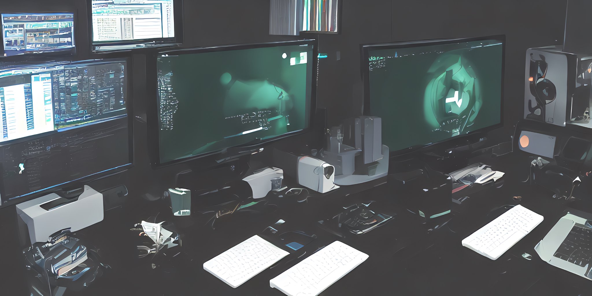 An image of アニメ, hacker's battlestation, desktop computer with three screens, split keyboard, green text on black background, a cup of coffee, Haskell, by greg rutkowski and artgerm