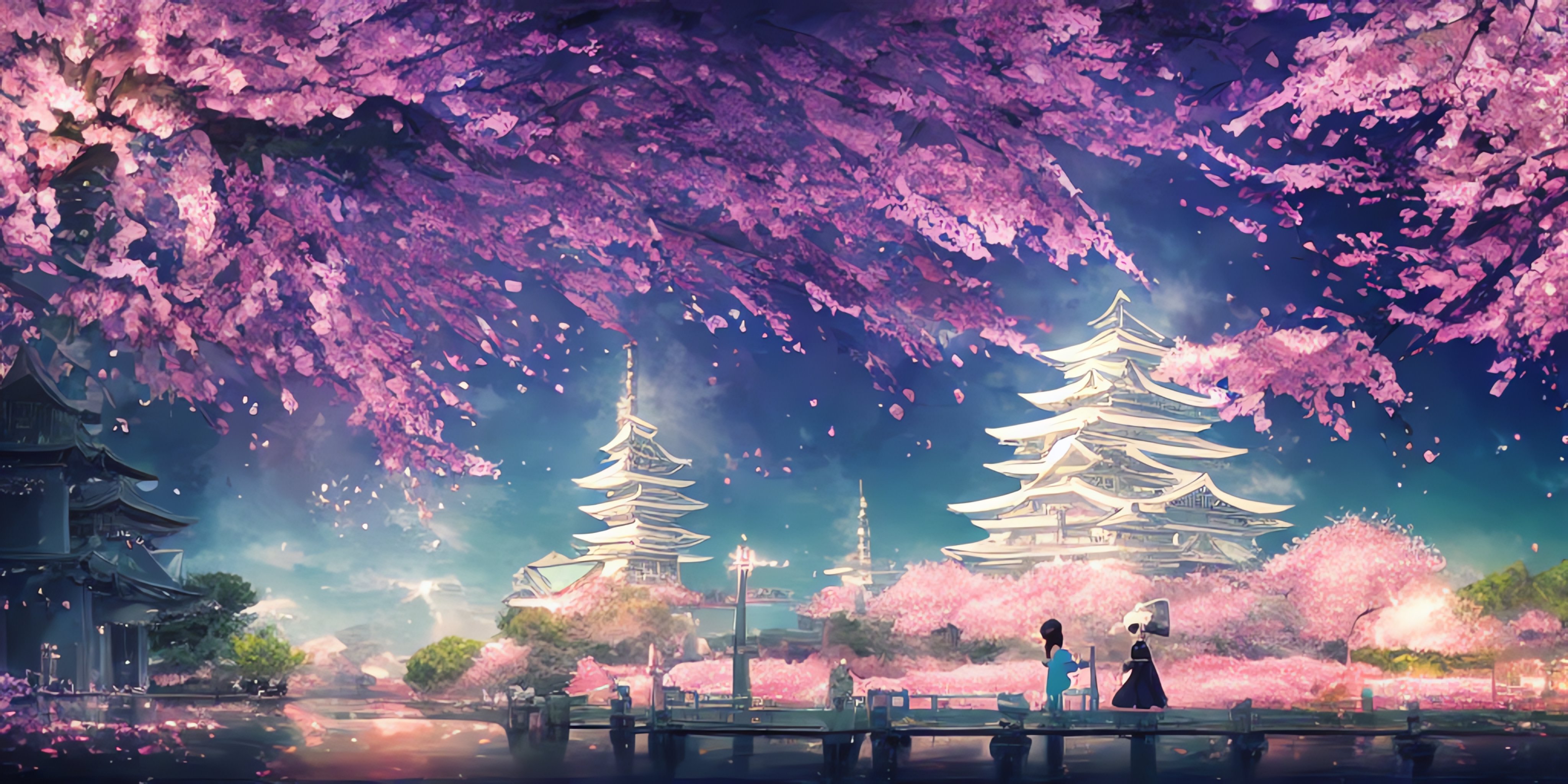 An image of a beautiful landscape, studio ghibli, hatsune miku, fuji-san, cherry blossoms, pagoda, bubble tea, happy fireworks, ornate composition, matte painting