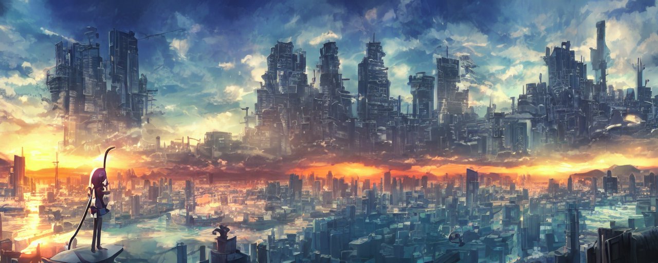 An image of anime style, matte painting, splatoon, giant sword, squirt guns, cityscape, skyline, sunset, concert, studio ghibli, serene, peaceful