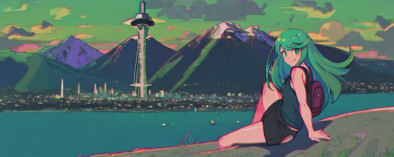 An image of 1girl, green hair, green eyes, tshirt, sweatpants, long hair, full body, sitting, outside, landscape, chromatic aberration, smile, looking to the side, backpack, space needle