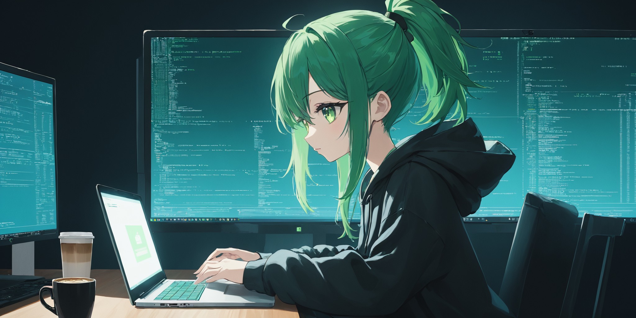 An image of A green-haired green-eyes anime woman in a dark hacker nest with a laptop and a cup of coffee