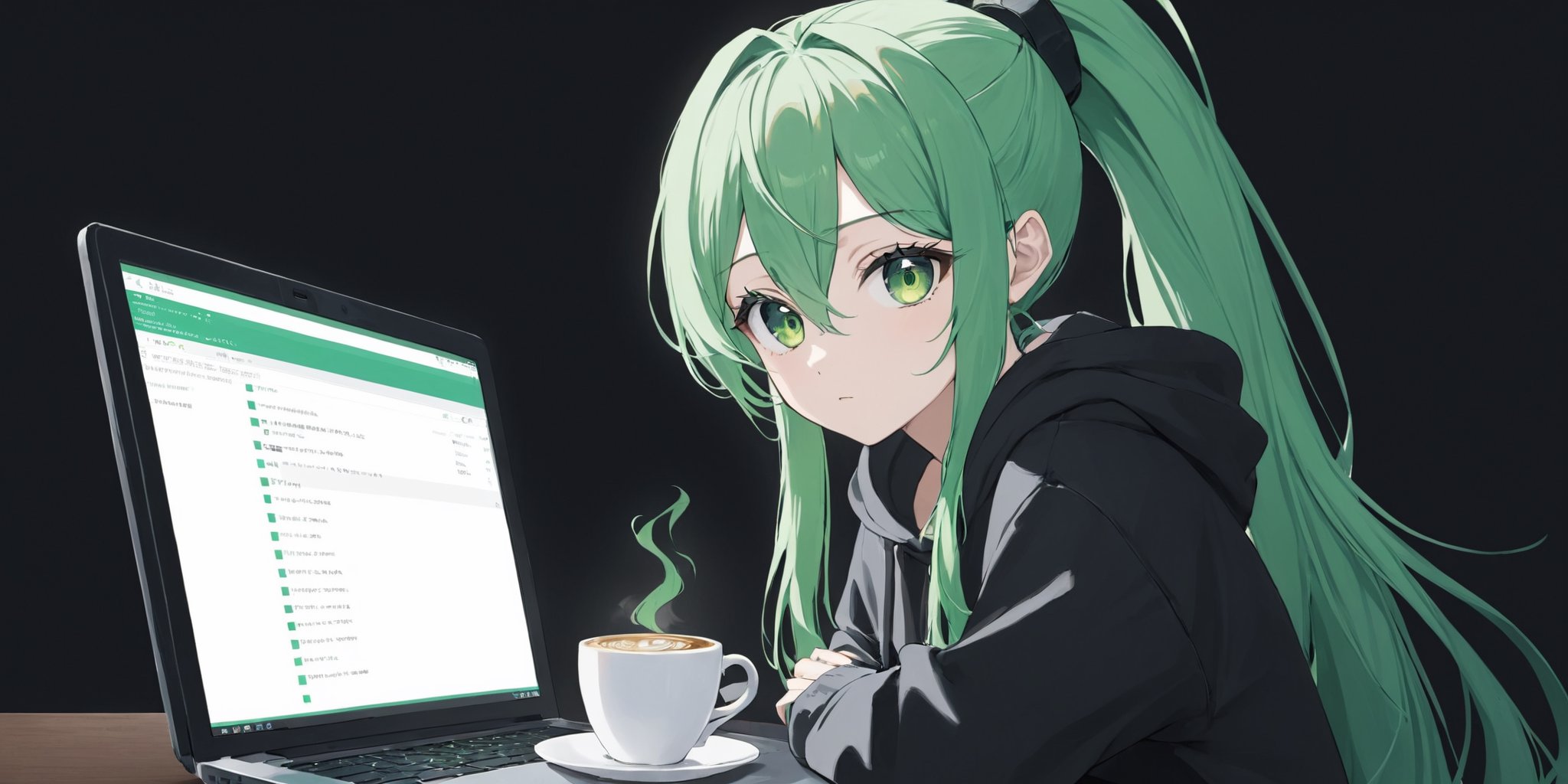 An image of An exhausted green-haired green-eyes anime woman in a dark hacker nest with a laptop and a cup of coffee, looking at the viewer.