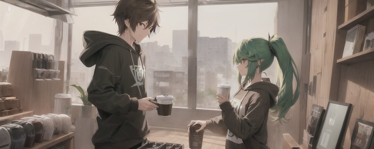 An image of duo, (1girl, green hair, hoodie, long hair, green eyes, tired, holding coffee), (kitchen counter, coffee, coffee grinder, coffee machine, espresso machine), (1guy, brown hair, very short hair), happy
