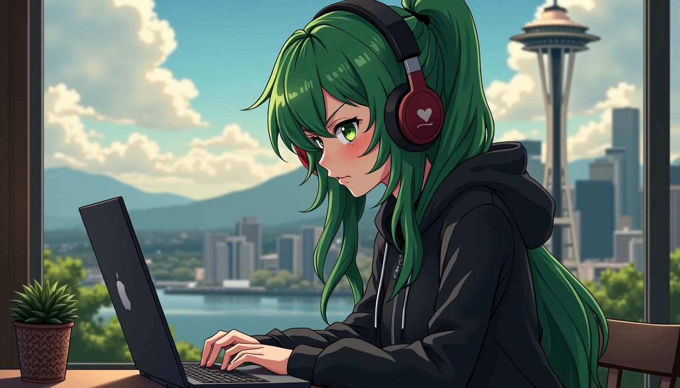 An image of A green haired anime woman with green eyes and very long hair angrily typing on a laptop, headphones, seattle, space needle, black hoodie, best quality, coffee shop