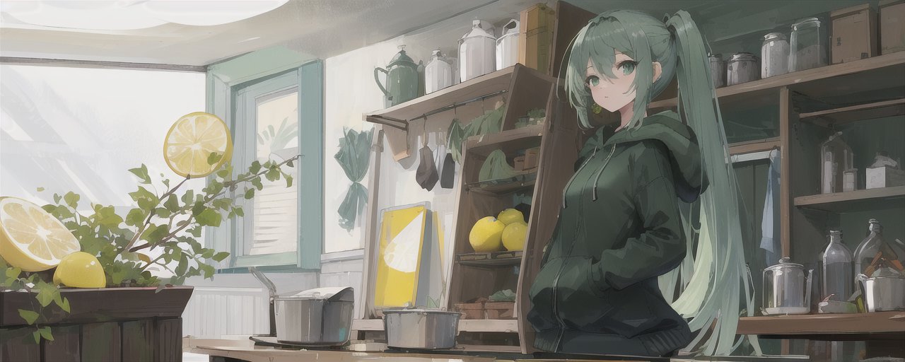 An image of 1girl, green hair, green eyes, long hair, kitchen, lemon, juicer, black hoodie