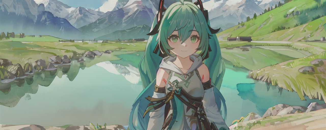 An image of masterpiece, best quality, 1girl, green hair, green eyes, sweater, hoodie, looking at viewer, adorable, cute, outdoors, watercolor, anime, afternoon, mountains, breath of the wild, black hoodie, ahoge, long hair, happy, genshin impact, hatsune miku, twintails, pigtails