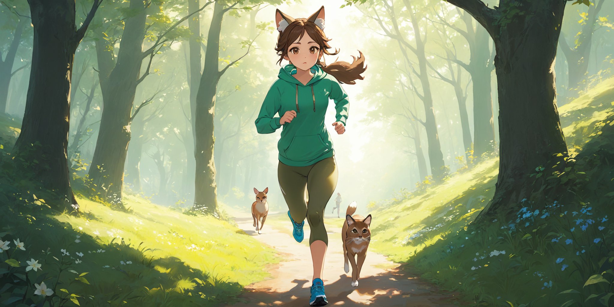 An image of A brown-haired catgirl with her hair tied back in a ponytail in a green hoodie runs down an idyllic forest path. She is wearing a pair of blue running shoes and dark green yoga pants. An animal vaguely resembling a fox is running alongside her.