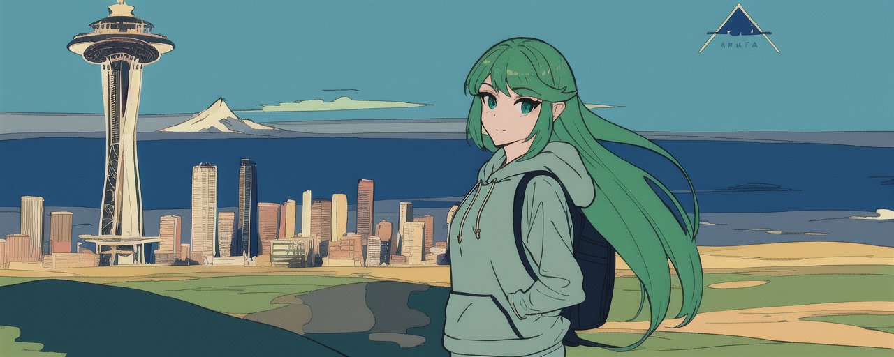 An image of 1girl, green hair, green eyes, landscape, hoodie, backpack, space needle