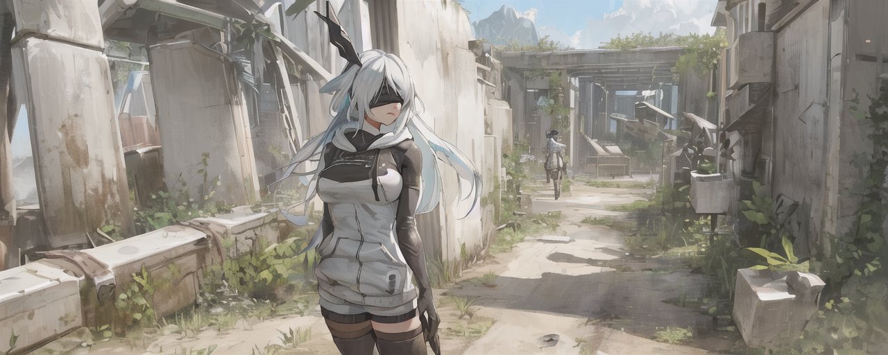 An image of 1girl, cyborg, outdoors, landscape, forest, yellow eyes, blindfold, bodysuit, hoodie, white hoodie, boots, skirt, gloves, neutral expression, city ruins