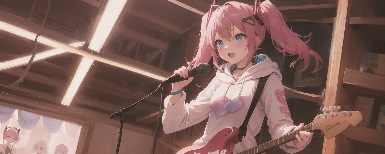 An image of 1girl, pink hair, blue eyes, electric guitar, holding guitar, holding plectrum, guitar strap, hoodie, microphone, singing, hatsune miku