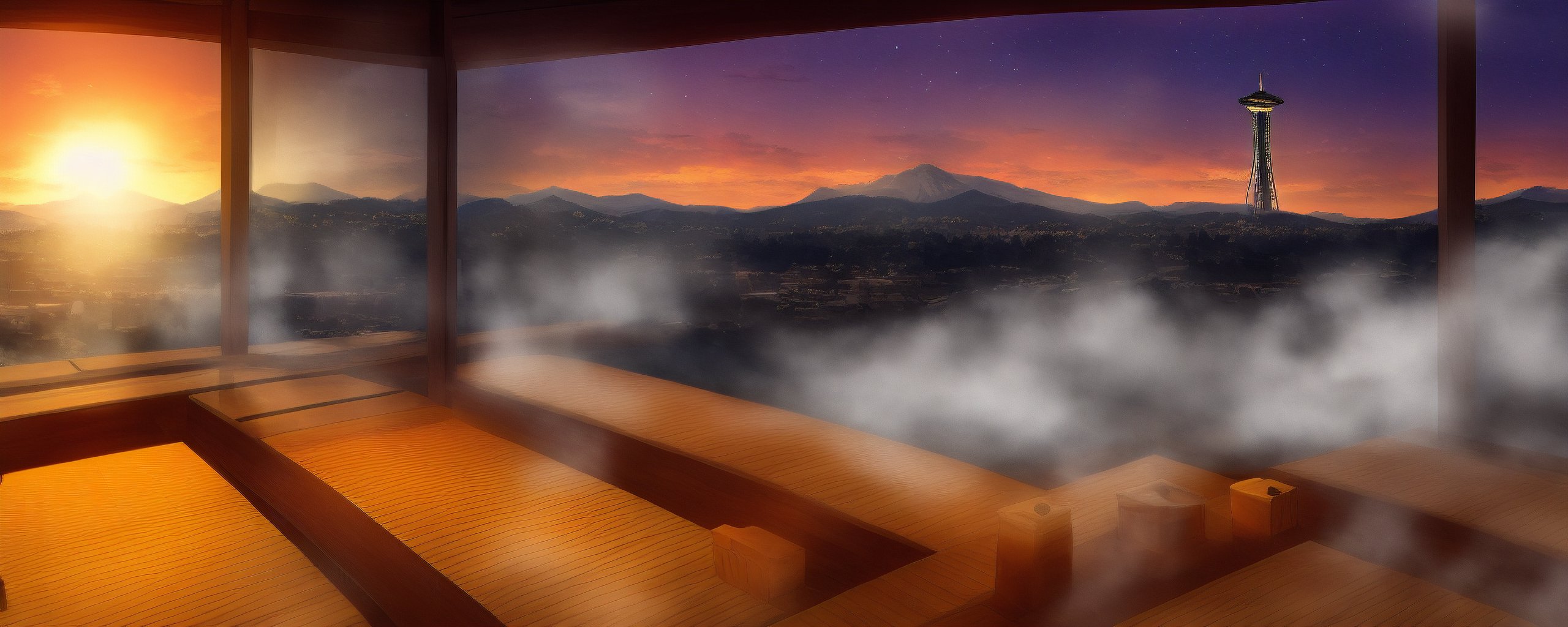 An image of zen, peaceful, onsen, shibuya, anime, coffee shop, colorful, manga, sunset, space needle, thick outlines, hyrule