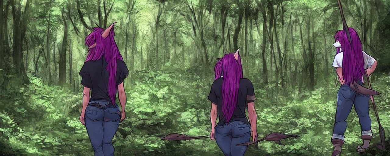 An image of shark anthro solo female forest hiking walking_stick tshirt denim pants druid long_hair purple_hair red_eyes facing_away