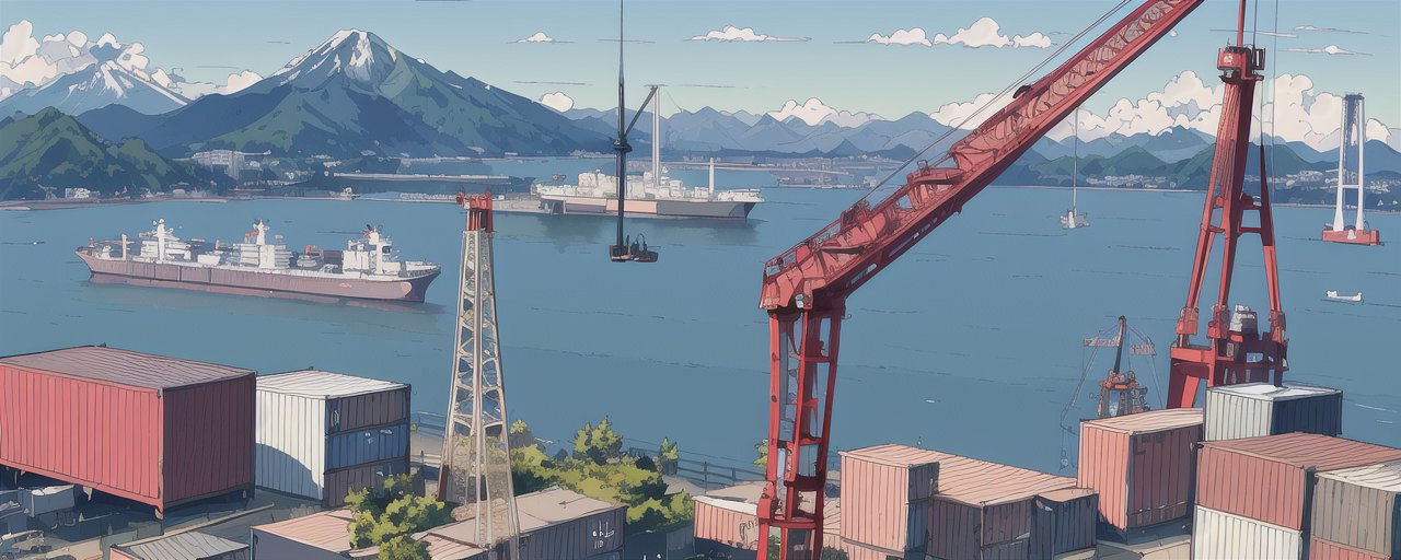 An image of flat color, shipyard, containers, mountains, no humans, space needle