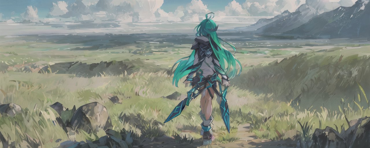 An image of 1girl, green hair, hoodie, outdoors, breath of the wild, space needle, walking, long hair, highly detailed, futuristic